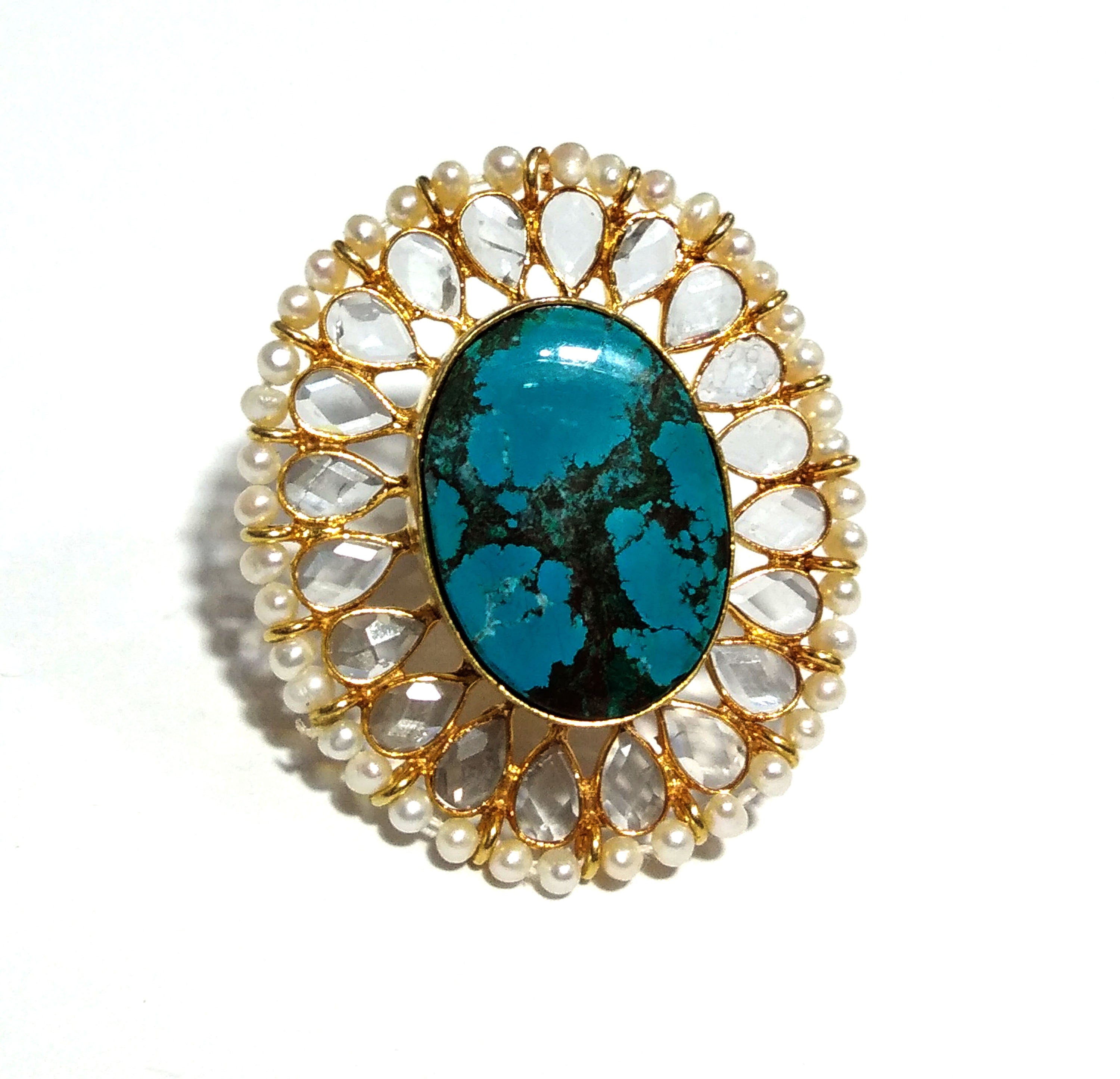 Natural Turquoise,Fresh Water Baroque Pearl,Zircon Stone Ring, 925 Solid Starling Silver Gold Plated Ring, Stone Size 24x17mm Handmade Ring